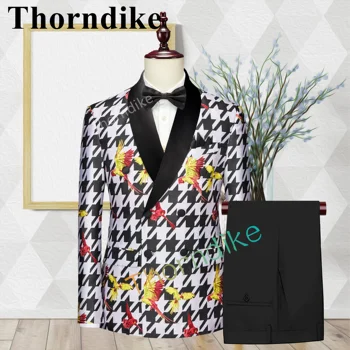 Thorndike Új esküvői divat hajtóka vőlegény Houndstooth mintás öltöny Dupla mellű szmokingos vőlegények party öltöny 3 részes