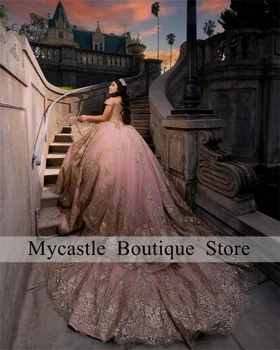 Luxus rózsaszín csipke flitterek Quinceanera ruhák 2024 le a vállról Gyöngyös báli ruha Sweet 16 ruha Születésnapi hercegnő ruha
