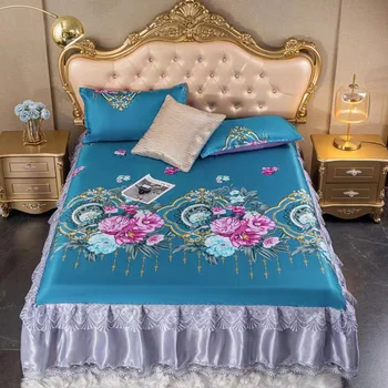 2/3db Set King Queen méretű virágos romantikus csúszásgátló ágy szoknya nyári hűvös ágytakaró nyomtatott jéghideg ágytakaró párnahuzattal