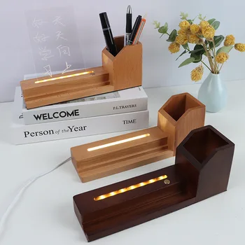 tömörfa tolltartók fából készült világító talppal USB akril éjszakai fényhez többfunkciós asztali tároló mobiltelefon-állványhoz