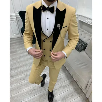 Új férfi öltöny divat bársony csúcs hajtókás öltönyök Üzleti alkalmi formális esküvői Tuxedo Slim Fit 3 részes készlet kabát mellény nadrág