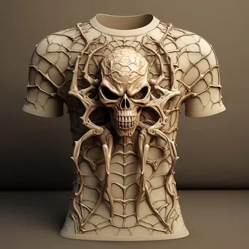 Új divatos 3D pókmintás férfi póló Fun Skull Pattern póló Summer Casual O-nyakú rövid ujjú pulóver