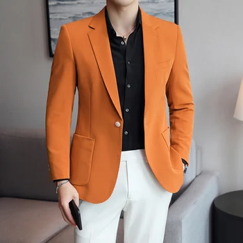2023 Új érkezésű tavaszi narancssárga blézerek férfiaknak Slim Fit vőlegény esküvői öltöny dzseki Classic 5XL Plus size férfi alkalmi öltönykabát