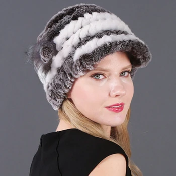 Nők Téli meleg Rex szőrme kalap hósapka Téli sapkák nőknek Lányok Valódi szőrme kötött sapkák Természetes bolyhos kalap