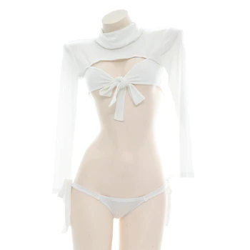 Női szűz gyilkos fehér kötött fürdőruha jelmez Summer Beach magas galléros pulóver fürdőruha medence party cosplay