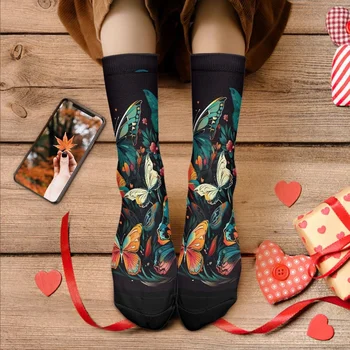 Színátmenet színű pillangó virágok levelek mintája női férfi négyévszakos zokni márka design lélegző szennyeződésálló zokni DIY