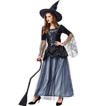 Felnőtt nők Mágikus Boszorkány Varázsló köntös Színpadi hálós ruha Kalap szett Halloween szerepjáték Öltözz fel Cosplay jelmez