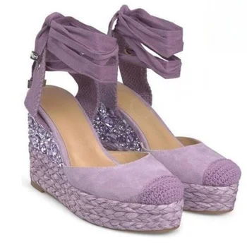 Lila fűzős kristály dekor pumpák Szövés platform bokacsat magas sarkú cipő nőknek Tömör sarkú cipő 2023 Zapatos Para Mujere