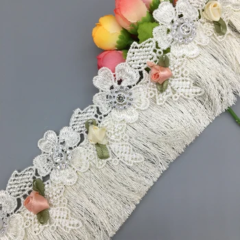 20X gyémánt strasszok Sárgabarack 3D virágrojt bojt csipke díszítő szalagszövet hímzett varrás kézműves esküvői ruha DIY dekoráció