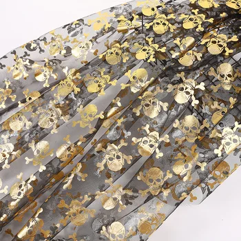 1 yard nyomtatás arany koponyaháló fekete tüll csipke csontváz szövet Halloween ruhához Jelmez ruházat Cosplay köpeny kiegészítők