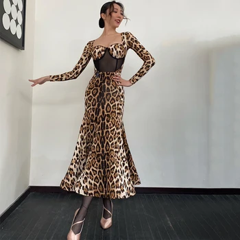 Új leopárd társastánc ruha női csipke hosszú ujjú felsők szoknya felnőtt társastáncverseny ruházat keringő viselet BL10416