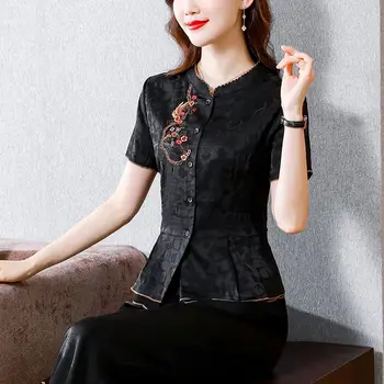 Cheongsam női plus size tang jelmez felsők 2023 nyári pamutkeverék nyomatok Rövid ujjú hagyomány Kínai stílusú Qipao ingek