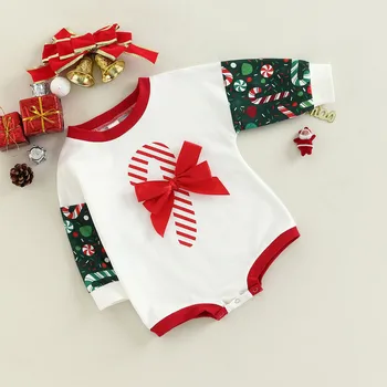 RUEWEY Karácsonyi újszülött kislány fiú ruhák őszi téli bodyk baba cuccok rajzfilm / levél / cukorka nád hosszú ujjú jumpsuit